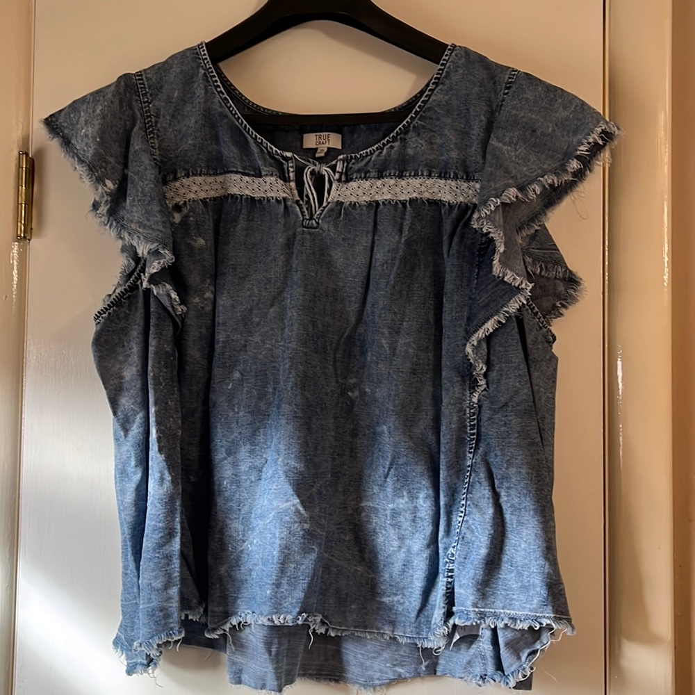 TRUE CRAFT Distressed Denim Blouse-3X-VERY GOOD CONDITION-Cute Details